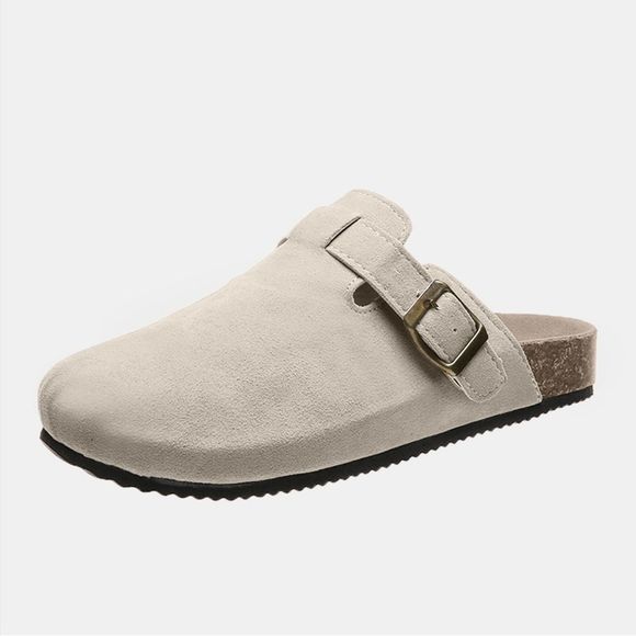 Beige Colored Suede Closed Toe Buckle Slide - Picture 2 of 5